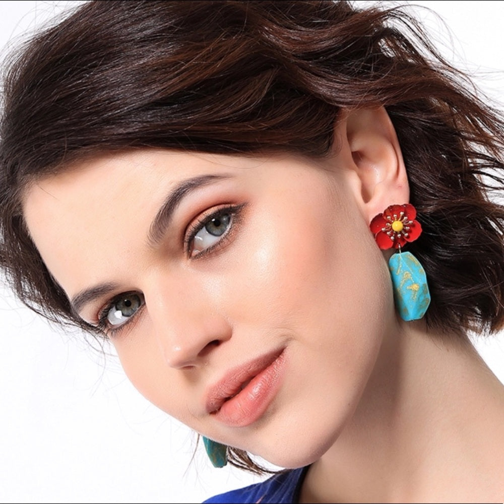 Country French Turquoise Floral Earrings New