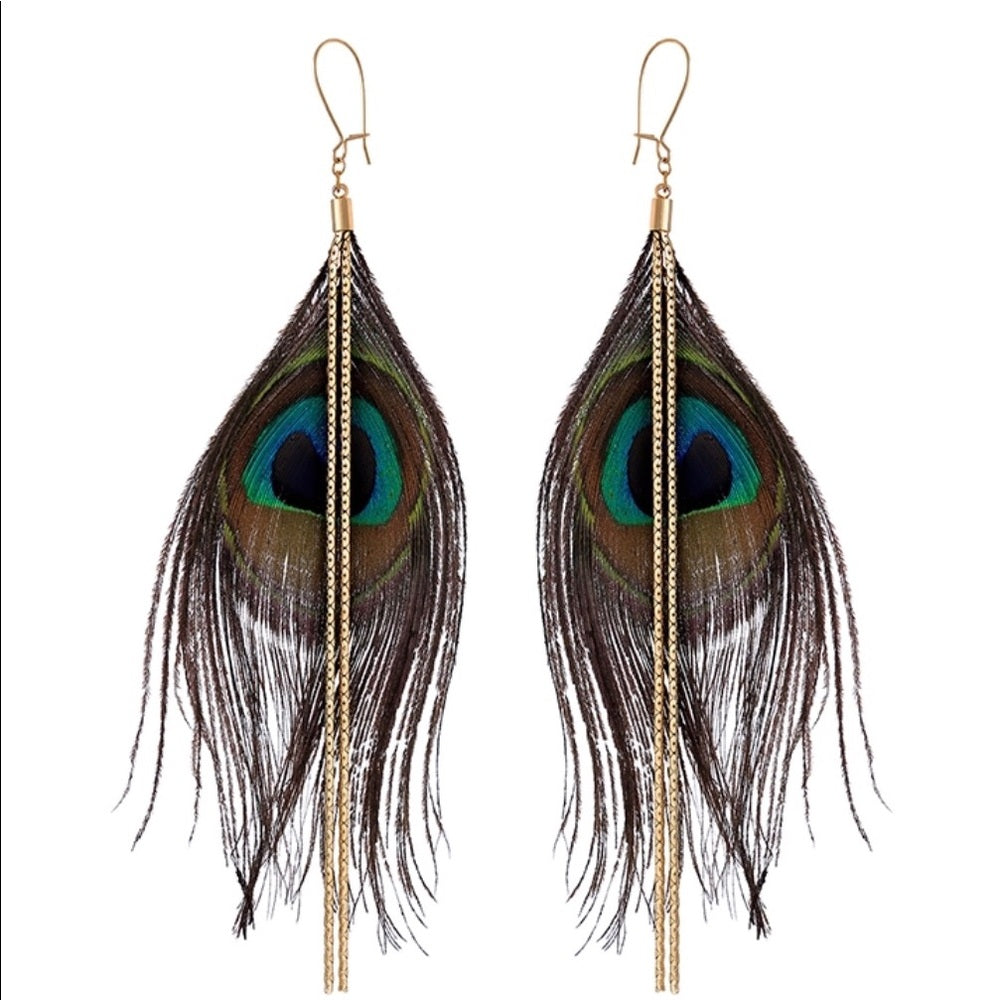 Luxe Peacock Plume Earrings New With Tags