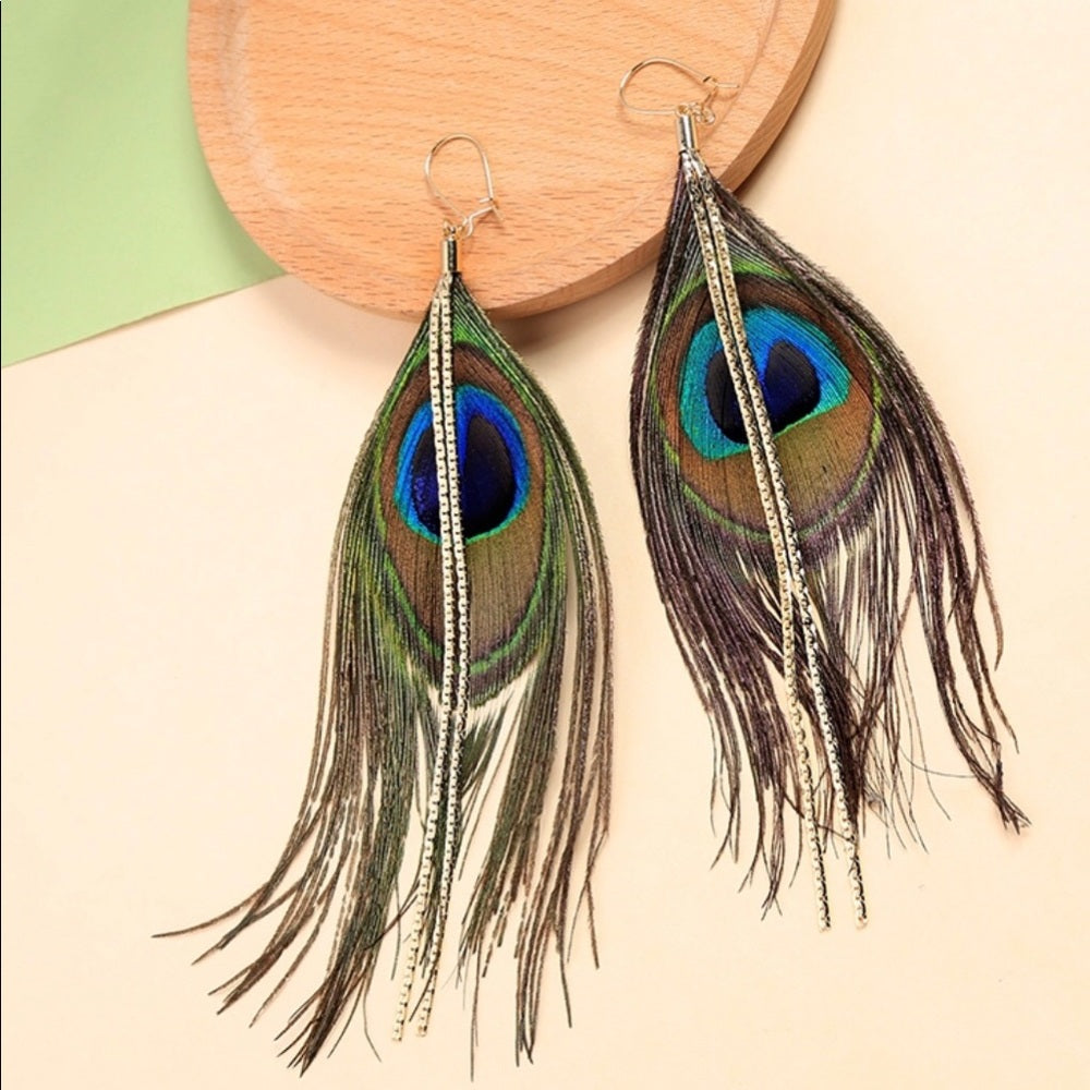 Luxe Peacock Plume Earrings New With Tags