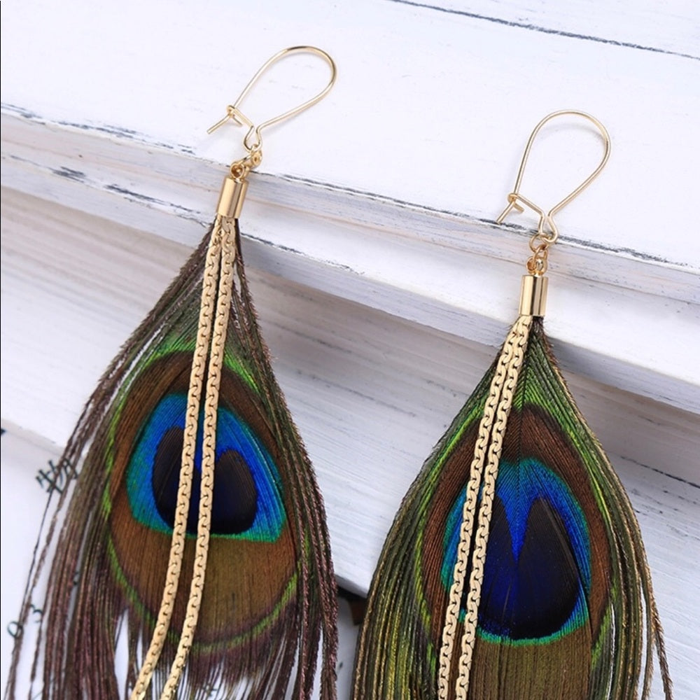 Luxe Peacock Plume Earrings New With Tags