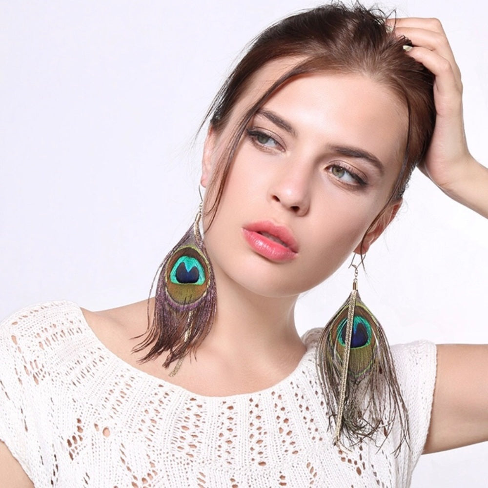 Luxe Peacock Plume Earrings New With Tags
