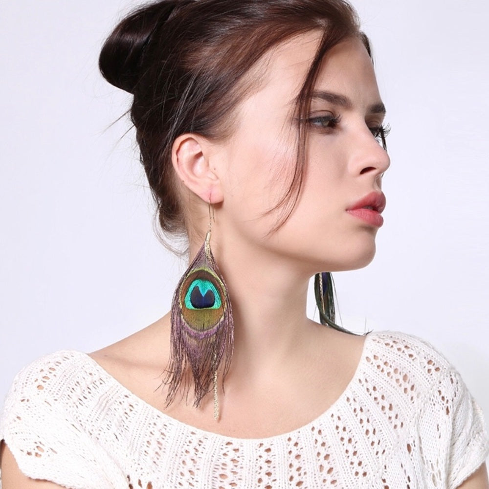 Luxe Peacock Plume Earrings New With Tags
