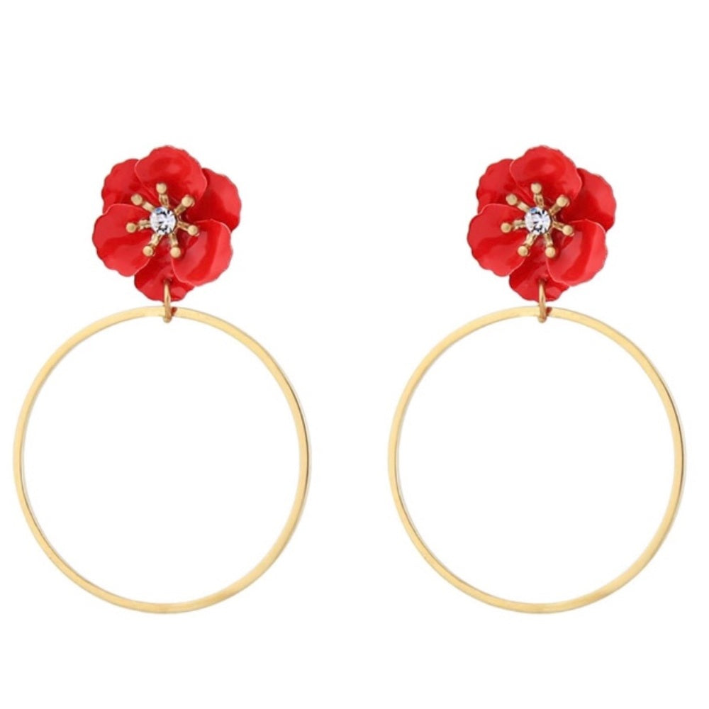 Swarovski Red Pansy Hoop Earrings