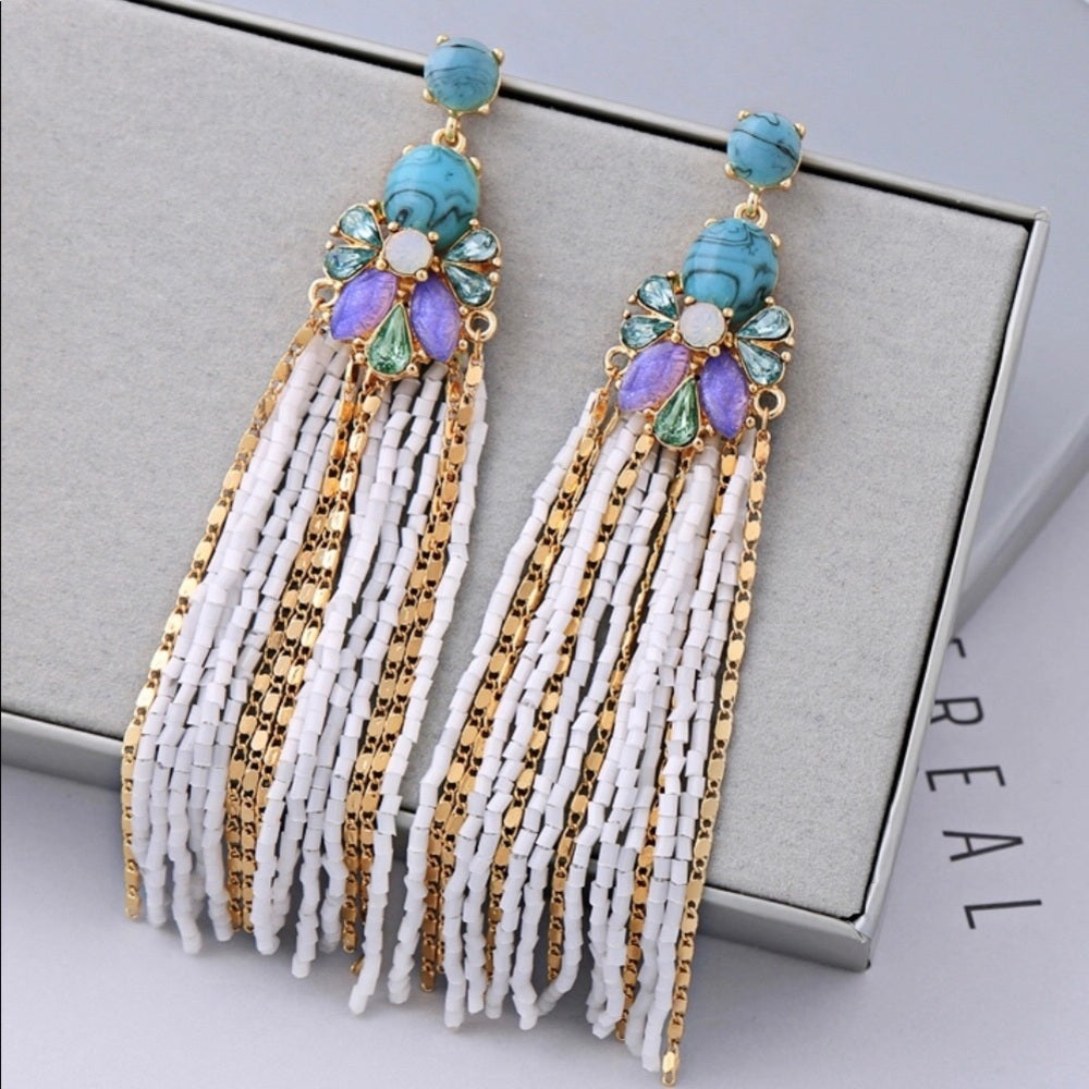 Swarovski French Turquoise Tassel Shell Earrings