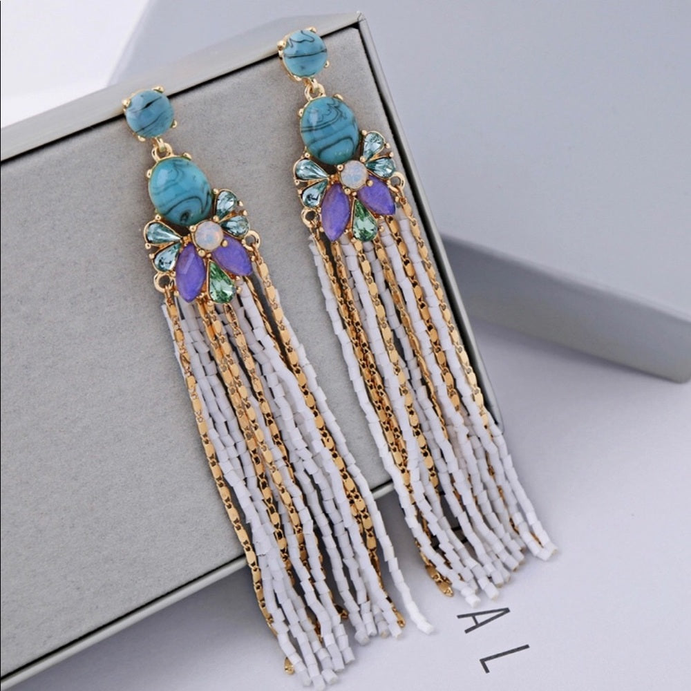 Swarovski French Turquoise Tassel Shell Earrings