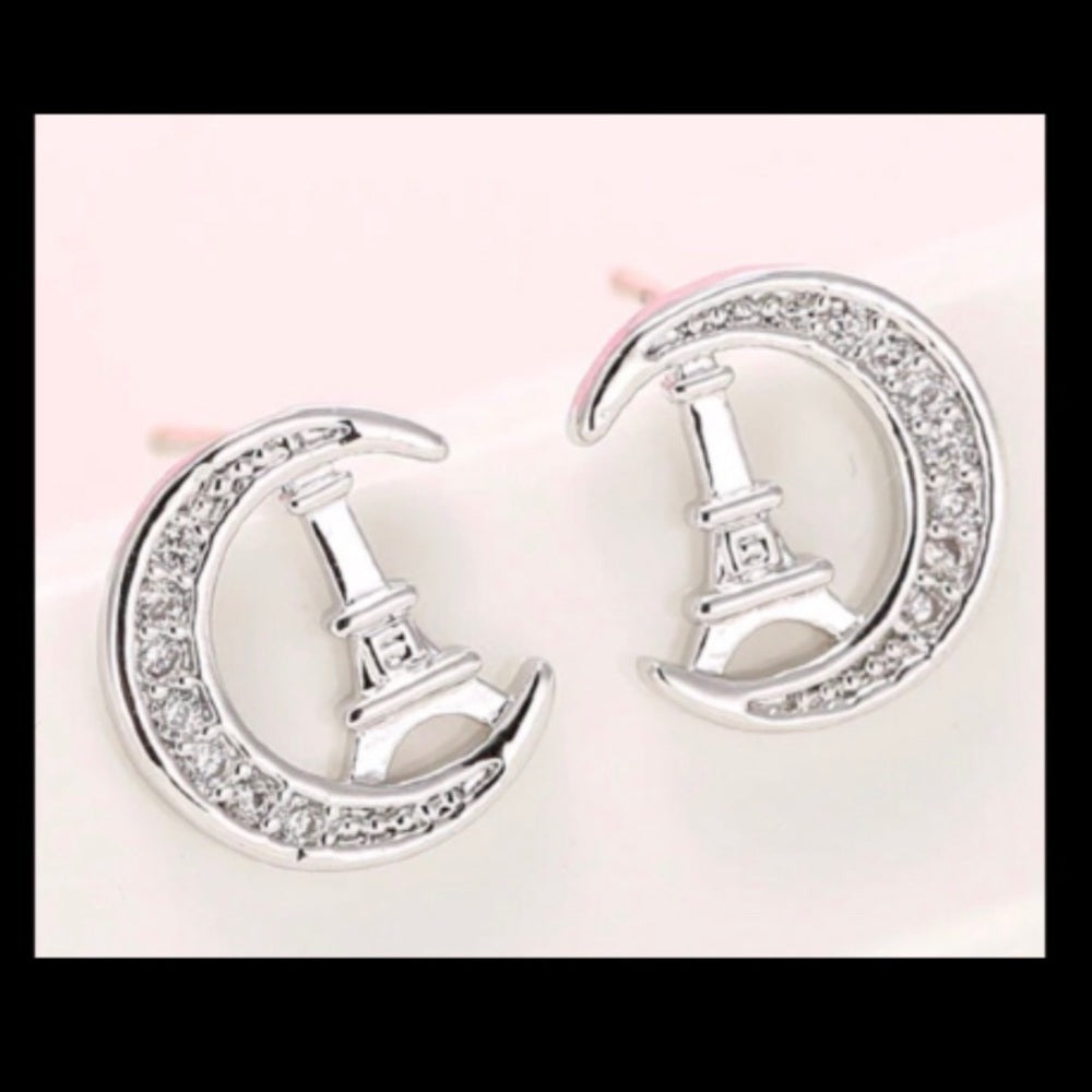 Solid Sterling Silver Moon Over Paris Earrings New