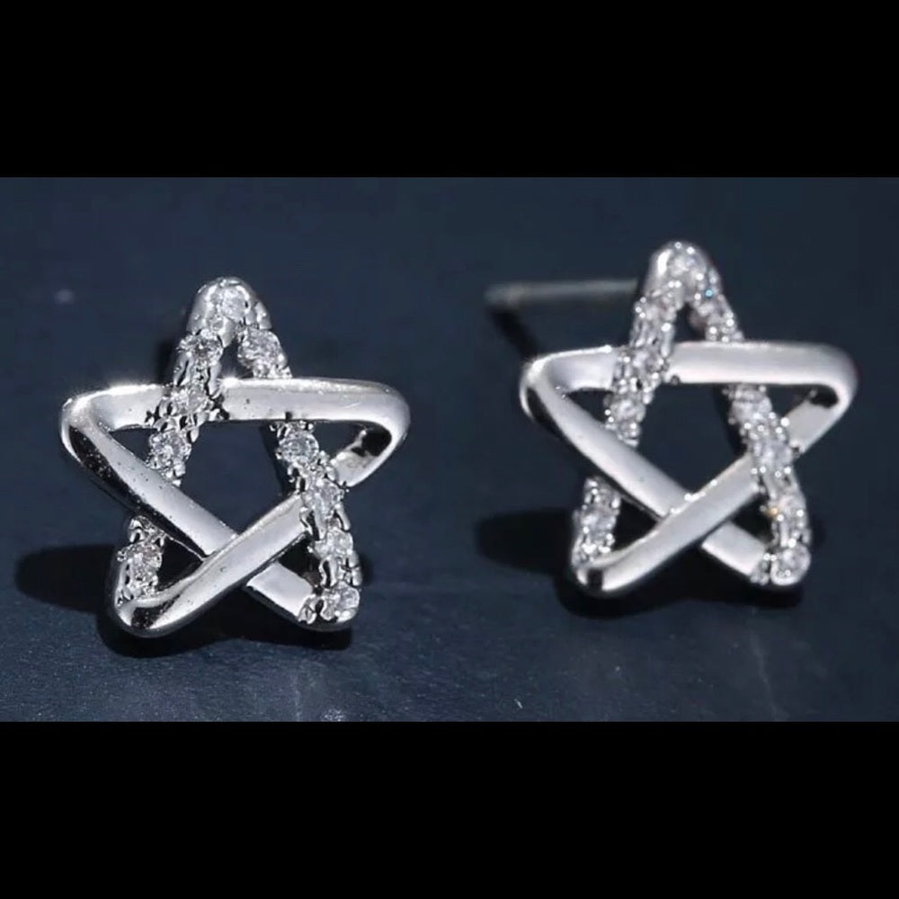 Solid Sterling Silver Sparkling Star Earrings New