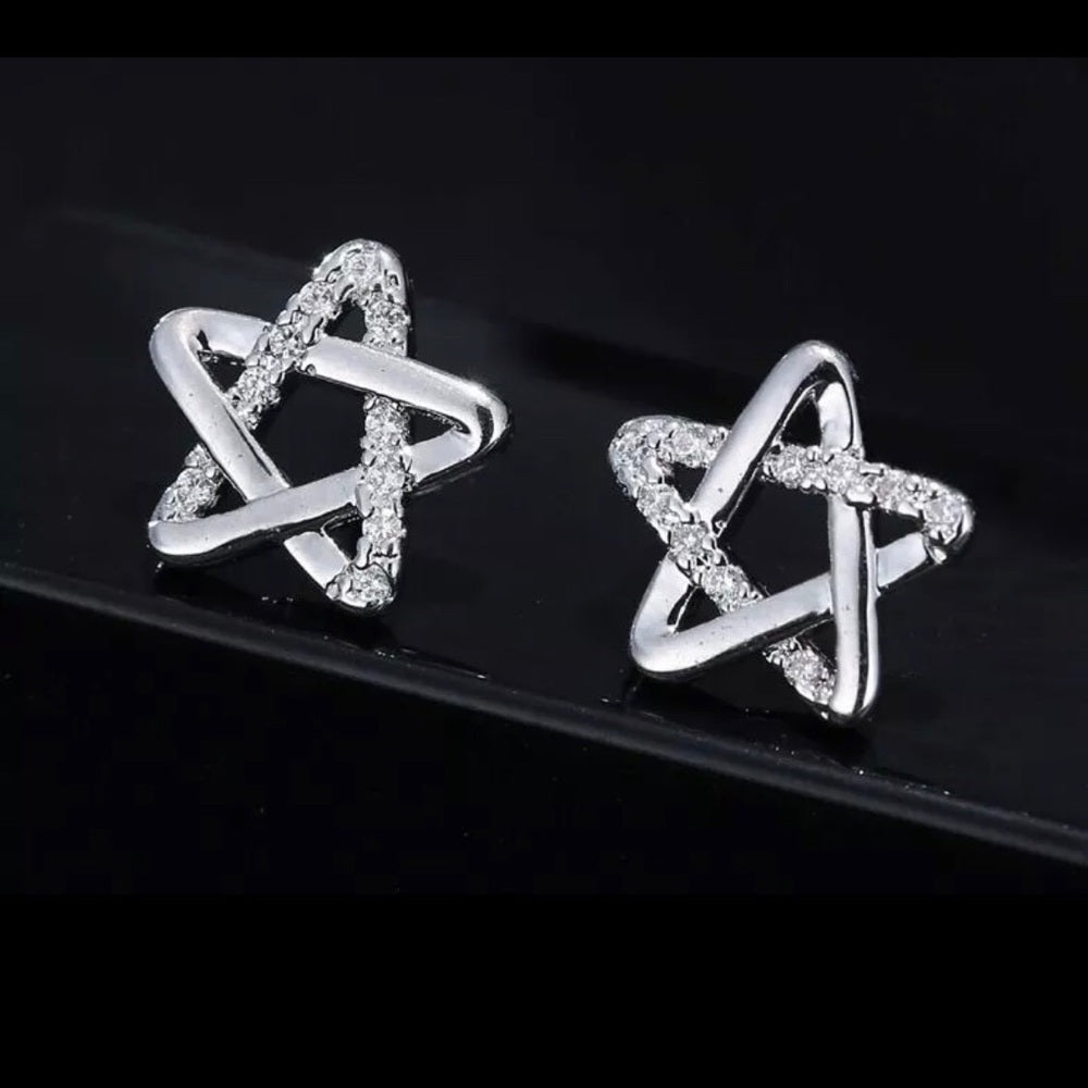 Solid Sterling Silver Sparkling Star Earrings New