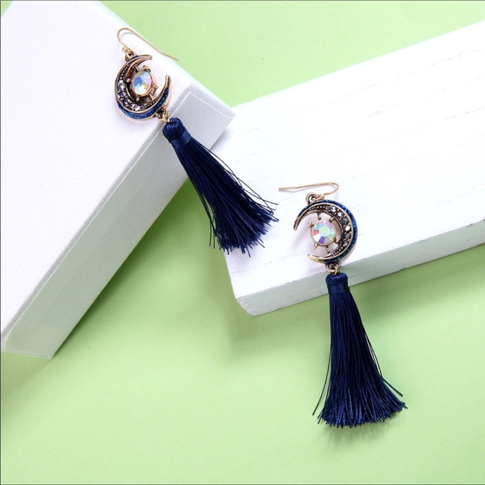Swarovski Navy Moon French Tassel Earrings New