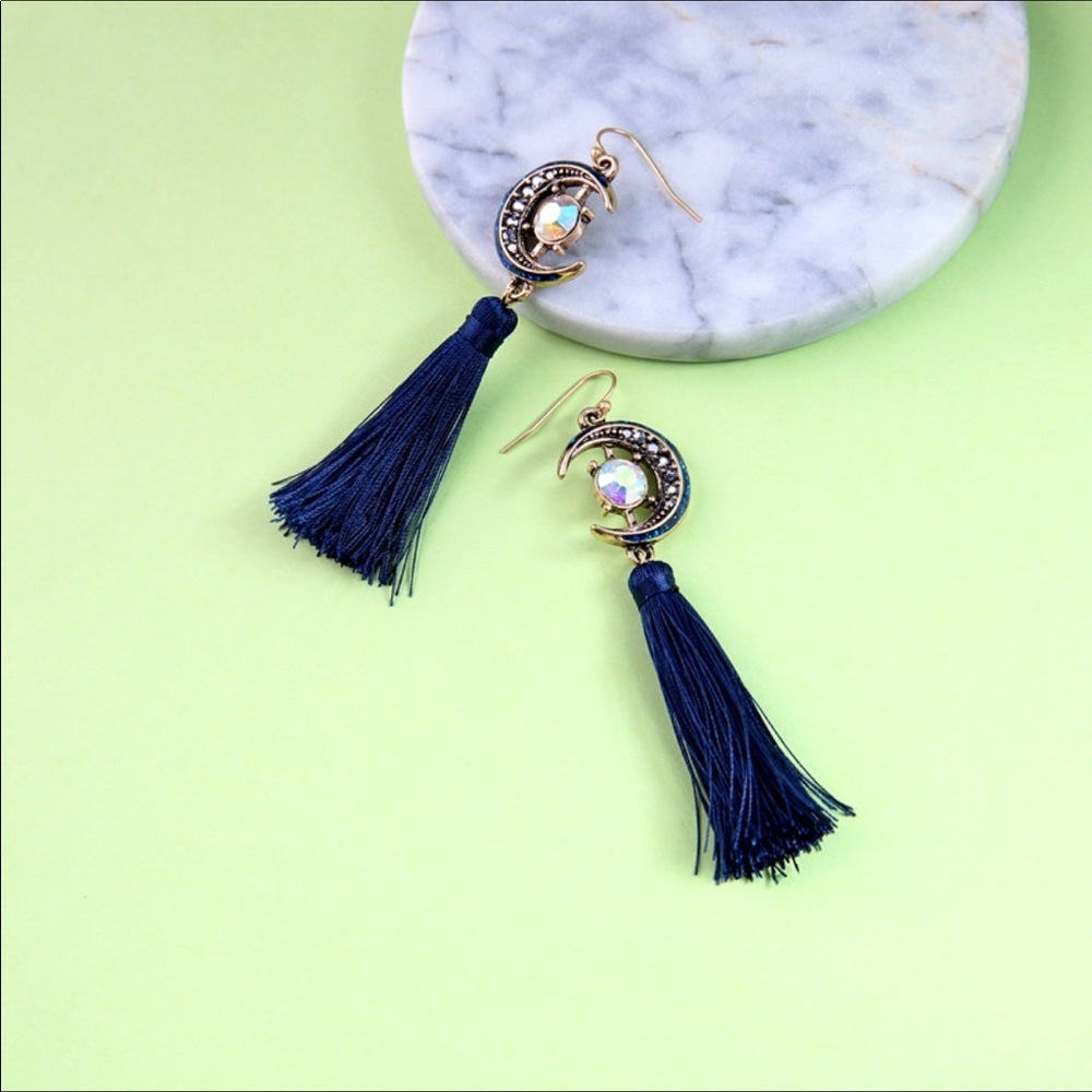 Swarovski Navy Moon French Tassel Earrings New