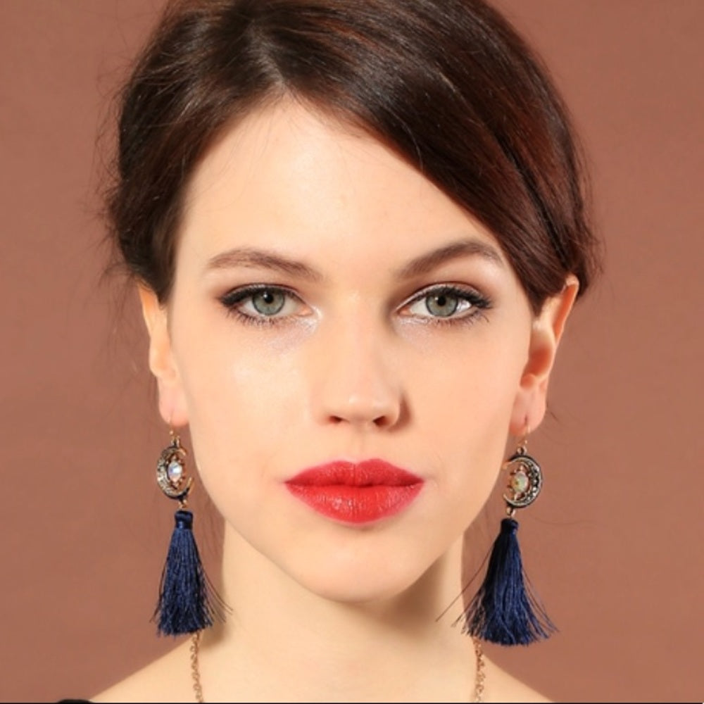 Swarovski Navy Moon French Tassel Earrings New
