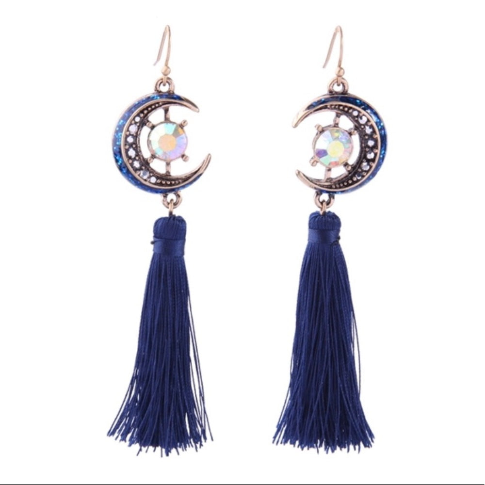 Swarovski Navy Moon French Tassel Earrings New