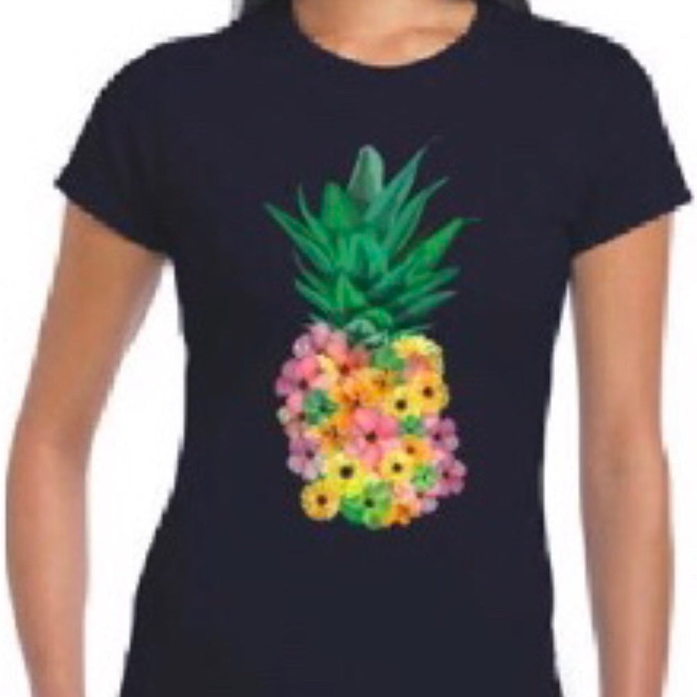 Floral Pineapple T Shirt Top Black New With Tags